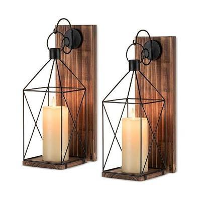 Wood Wall Candle Sconce with Black Lantern, Set of 2 Home Decor | Wall Candle Holders with Wood Boards and Metal Lanterns, for Front Porch, Yard, Dining Room or Bedroom