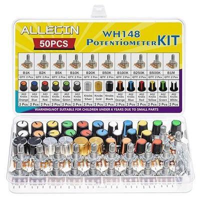 WH148 Potentiometer Kit 1K 2K 5K 10K 20K 50K 100K 250K 500K 1MK Ohm 15mm Shaft Single-Joint Linear Potentiometers 3Pins Set Variable Resistors with Plum Knob Cap and Aluminum Alloy Knobs