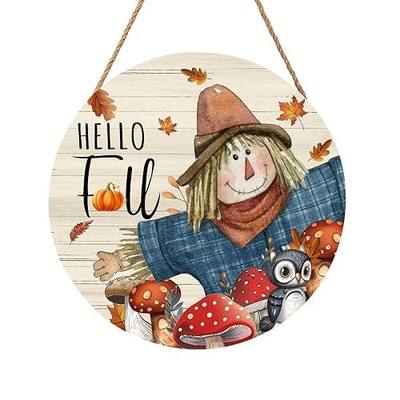 Miaoquhe Hello Fall Scarecrow Door Sign For Front Door Decor,Autumn Harvest Maple Leaf Wooden Sign 12"x 12" Round Wood Hanging Door Sign Farmhouse Thanksgiving Decoration for Wall Rustic Porch Decor