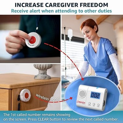 Wireless Caregiver Pager System with 6 Call Buttons and LCD Pager | Vibration alerts with one-off or repeat reminders every minute for elderly care and caregiver assistance
