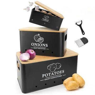 Kitchen Vegetable Storage Set of 3, Metal Onion Garlic Potato Storage Set, Kitchen Canisters Vegetable Keeper Containers with Aerating Holes and Bamboo Lid,Black