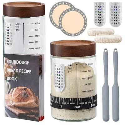 Sourdough Starter Kit,34oz Sourdough Starter Jar Glass with Sourdough Recipes Cookbook.Sourdough Bread Baking Supplies with Thermometer,Natural Wooden Lid, Anti-slip Mat,Sourdough Jar scraper (2 pack)