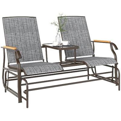 Outsunny 2 Person Outdoor Glider Bench Breathable Mesh Gray | Patio Swing Glider Chair Loveseat, Table, Steel Frame, Garden Backyard Porch
