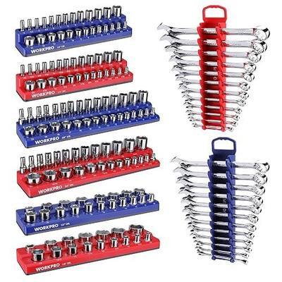WORKPRO 8-Piece Magnetic Socket and Wrench Organizer Set | 6-Piece Socket Holders, 1/4" 3/8" 1/2" DR Tool Trays, For Metric SAE Sockets, 2-Piece Wrench Holders, For Metric SAE Wrenches