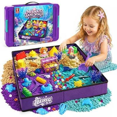 Mermaid Sensory Bin Kit - 58 PCS Sensory Sand Set with 2lbs Magic Sand, 18 Castle & Marine Molds, Foldable Roof Sandbox, Treasure Chest, Ocean Sandbox Mermaid Toys Gifts for Girls Ages 3-8