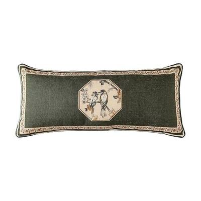 Vintage Elegant Linen Rectangle Throw Pillow Cover,28"x12"-Murad E | Designer French Green Pillow Cover,Concealed Zipper Design,Floral and Bird Pattern,Sofa,Bedroom,Living Room,Lounge Chairs