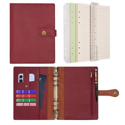 Wonderpool A5 Binder Journal Leather Spiral Notebook Refillable College Ruled Paper, Budget Binder Rings Diary Organizer with Pen for Office School Travel Business Planning Writing (Wine red,A5)