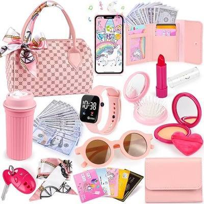 Oisacirg Play Purse 32PCS with Watch Makeup, Princess Toys for Girls 3-12 | Handbag, Phone, Bottle, Scarf Makeup Kit for Princess Role Play, Birthday Party, Mom-Daughter Fun, Multi-Scene Pretend Play