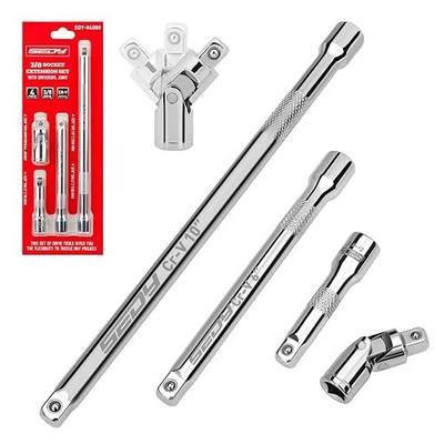 4-Piece 3/8" Drive Socket Extension Bar Set, Professional Socket Extension Set Include 3, 6, and 10 Inch Extensions and 3/8 Inch drive Universal Joint Sockets, Premium Cr-V Steel Construction