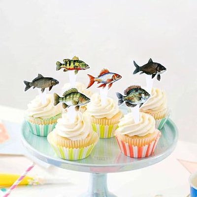 24pcs Fish Cupcake Toppers Go Fishing Theme Decorations Baby Shower Boys Girls Happy Birthday Party Tropical Party Cake Picks Under The Sea Decoration Supplies(two-sided)