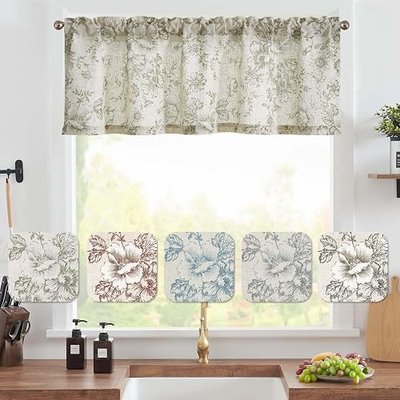 Vangao Green Linen Valances for Windows for Kitchen 16 Inches 1 Panel | Light Filtering, Rod Pocket, French Country Flower Valance Curtains for Bedroom Study Room Basement Window