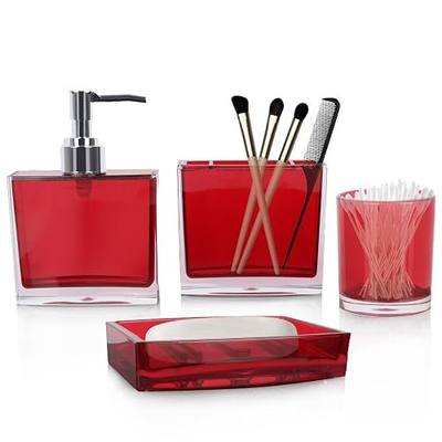 LGURT 4-Pc Red Bathroom Accessories Set — Dispenser, Organizer, Dish & Cup | Acrylic, Divided Storage Decor, Vanity Countertop, Gift-Ready Essentials