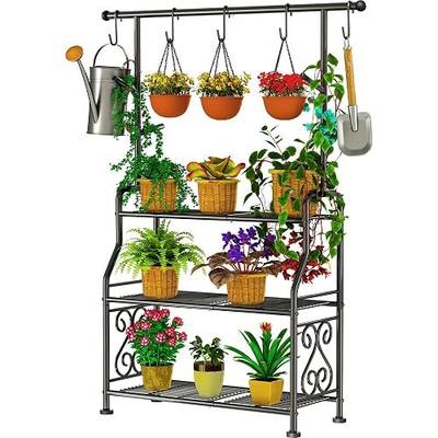 GIOTORENT Plant Stand Indoor, 3-Tier Heavy Duty Metal Shelf for Patio & Indoor, Tall Plant Holds 14+ Plants with 5 Hooks, Rust-Proof Plant Holder for Garden, Balcony, Living Room, Black