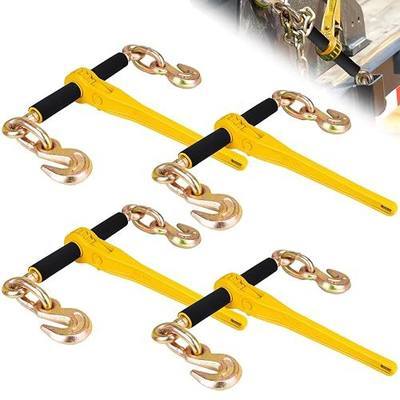 3/8"- 1/2" Ratchet Chain Binder with Clevis Hooks - 9,200 lbs WLL | Heavy Duty Yellow Forged Alloy Steel Ratchet Load Binder for G70 80 Transport Chain Tie Downs, Hauling, Towing (Pack of 4)