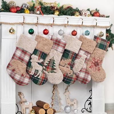 LUBOT New 6 Pack Christmas Stocking 20" Red Green Plush Plaid Mix and Match Classic Rustic Farmhouse Country Cotton Fireplace Hanging Xmas Stockings Decorations for Family Holiday Season Decor