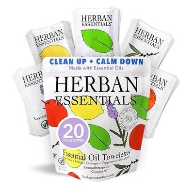 Herban Essentials - Natural Wipes & Towelettes - Essential Oil Wipes for Hands, Face and Body - Travel Size Essentials and Toiletries - Natural, Individually Wrapped, Disposable and Moist (20 count)