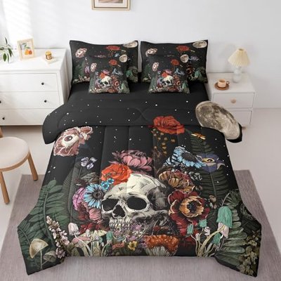 Erosebridal Sugar Skull 7 Pcs Comforter Set,Botanical Flower Bed in a Bag with Flat Sheet and Fitted Sheet,Starry Sky Quilt Set Trippy Galaxy Halloween Gothic Bedding Set with Pillowcase & Sham,Queen