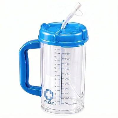 Vakly Insulated Hospital Carafe 18 oz, Graduated Water Tracking Bottle | Double-walled refillable bottle with flexible straw and pouring/sipping spout for bedside patient hydration care