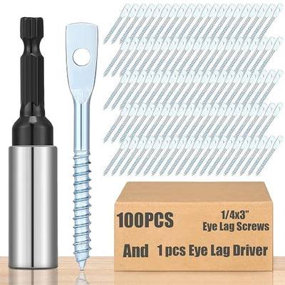 MorningRo 100 Pcs Eye Lag Screws and 1 Pcs Driver Set, 1/4 x 3 Inch Eye Lag Wood Screws Zinc Plated 2-5/8 Inch Quick Install Bit Kit for Use with Attaching Hanger Wire to Ceiling Joists (Silver)