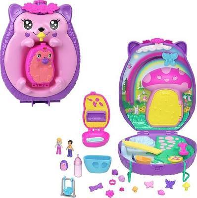 Polly Pocket 2-in-1 Hedgehog Mom & Baby Wearble Compact | Pet Themed Purse Playset with 2 Micro Dolls & 16 Accessories