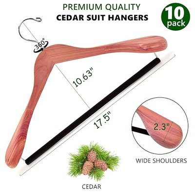Amber Home 10 Pack Cedar Wood Suit Coat Hangers with Extra Wide Shoulder | Wooden Clothes Hangers with Non-Slip Velvet Pant Bar, Natural Cedar Hangers for Coats & Jackets