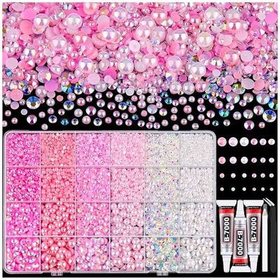 14000PCS Flatback Pearls and Pink Rhinestones for Bedazzling Kit with Glues | Pink White 3-10mm Resin Rhinestones Gems and Half Pearls for Crafting, Nail Art and Grad Cap Decor with B7000 Jewelry Glue
