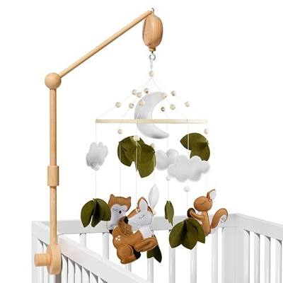 FEISIKE Woodland Animals Theme Bassinet Baby Nursery Mobiles with Modes Digital Music Box 3In1 Set-34 Inch Wooden Mobile Arm for Crib Mobile Hanger for Crib Baby Nursery Decor