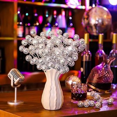 Knitgrip 12 Pcs Disco Balls Party Decorations Disco Ball Sticks Ornaments Centerpieces 2026 Vase Mini Bulk Party Silver Glitter Flower Picks Bundle 14 Inch Planter Vases Glitter Stems for Crafts