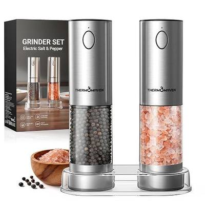 ThermoMaven Upgraded Larger Capacity Electric Salt and Pepper Grinder Set, 110ml Rechargeable Salt and Pepper Shaker with LED Light, Stainless Steel Automatic Pepper Mill with 6 Adjustable Coarseness