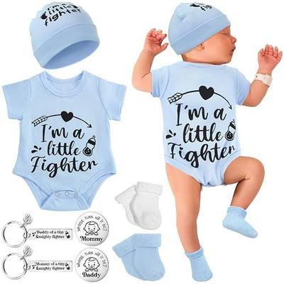 Toulite NICU Preemie Baby Gift Set I'm Little Fighter Preemie Baby Hat and Bodysuit Cotton Socks with Keychain Coin (Light Blue)