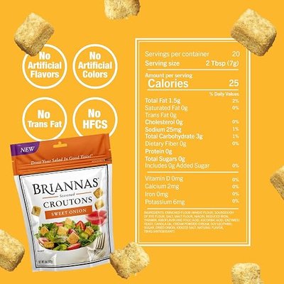 BRIANNAS - Sweet Onion Croutons - Baked-in Flavor, Crispy Croutons for Salads and More - 5 oz. Bags - 3 Pack