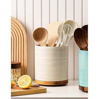 Utensil Holder, 360° Rotating Extra Large Ceramic Kitchen Utensil Holder for Countertop, 7.3“ Cooking Utensil Crocks for Kitchen Counter with Rotatable Wooden Base, Farmhouse Decor, Arctic White