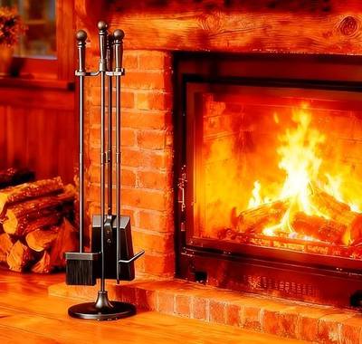 Fire Beauty Fireplace Tools Set 4 Pieces Black Wrought Iron Fire Tool Set for Outdoor/Indoor Include Poker, Shovel, Brush and Stand Accessories Set