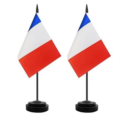2 Pack France Desk Flag, French Table Office Flags, Small Miniature Desktop Flag With 12" Solid Black Pole and Black Base, Classroom, Offices Meeting Desk Decoration (France)