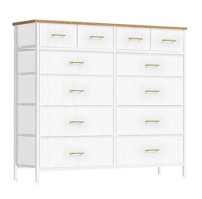 VASICAR White Dresser for Bedroom with 12 Deep Drawers, Wide Chest of Drawers, 55" TV Stand with Retro Wood Top, Tall Fabric Dresser for Closet, Nursery