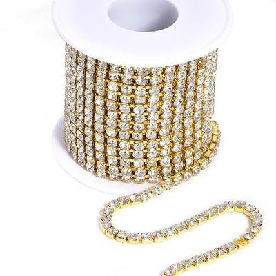 10 Yards Crystal Rhinestone Trim Ribbon Close Chain for Sewing Bedazzling SS6 Jewels for Crafting DIY Decoration Cups Shoe Vases Phone Case 0.07inches 2mm Glod Base with Clear Diamond