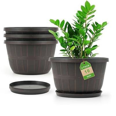 Quarut 4 Pack 10 inch Flower Pots,Plastic Plants Pots Outdoor | Planters with Drainage Holes & Saucers,Imitation Wine Barrel Design,for Indoor Outdoor Garden Pots(Brown)