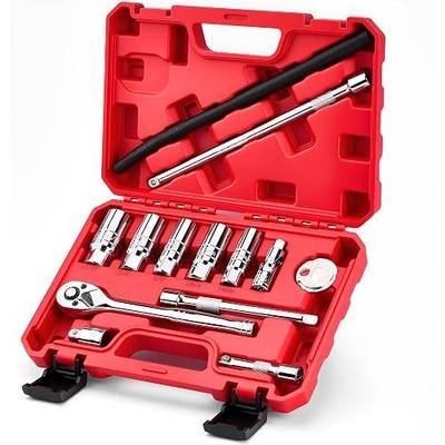 13pc 3/8" Spark Plug Socket Set with Installation Tube, 3/8" Drive Ratchet Wrench,3 Extension Bars(3",6",10"),Spark Plug Socket Sets, Gap Tool, U Joint,1/2" to 3/8" Adapter (13pcs)