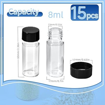 15 PCS 2 Dram Glass Vials, Small Liquid Sample Vial,17x60mm 8ml Borosilicate Glass Empty Vials with Caps, Leak-Proof Vial,15-425 Black Screw Caps with PE Liner