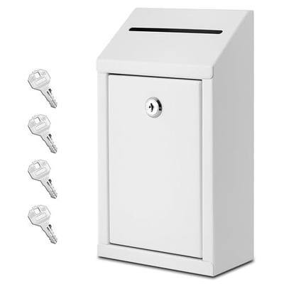 EIENHOSHI Metal Donation Box with Lock, Wall Mounted, Suggestion Box with 4 Iron Keys, White, Cash Drop Box with Slot, 1-Pack