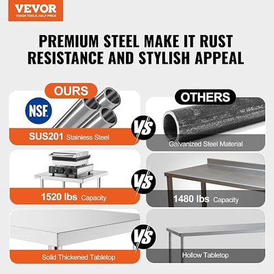 VEVOR Stainless Steel Work Table, 30 x 48 x 26 Inch Commercial Food Prep Worktable, 3-Sided Backsplash Heavy Duty Prep Worktable, Metal Work Table with Adjustable Height for Restaurant Home Hotel