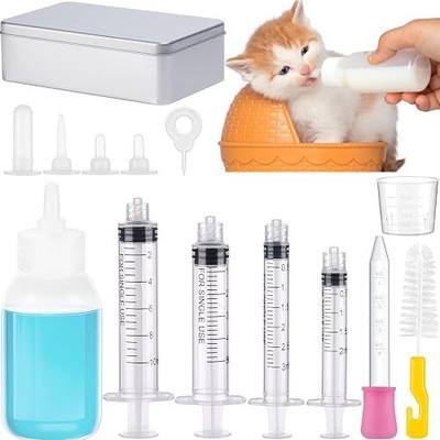 Pet Nursing Bottle Kit with Metal Tin Box and Feeding Bottles Puppy Milk Feeder Supplies for Newborn Small Animals 14 Pieces