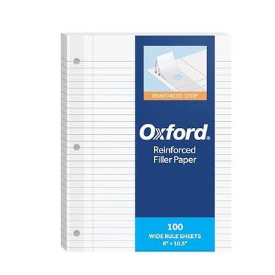 Oxford Reinforced Filler Paper, 8 x 10.5 Inch, Wide Rule, 3 Hole Punched, Lined Loose Leaf Paper for Ring Binders, 100 Sheets, White (1002098) | Filler Paper, Reinforced Punch Strip Resists Tearing, Fits 3-Ring Binders and Prong Folders, Smooth Surface for Ink