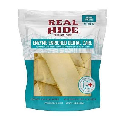 Real Hide Enzyme Enriched Dental Care Dog Chews for Medium/Large Dogs | Enzyme Enriched Dental Care, Cleans Teeth, Freshens Breath, Reduces Plaque and Tartar, Medium to Large Dogs, 12.8 oz bag