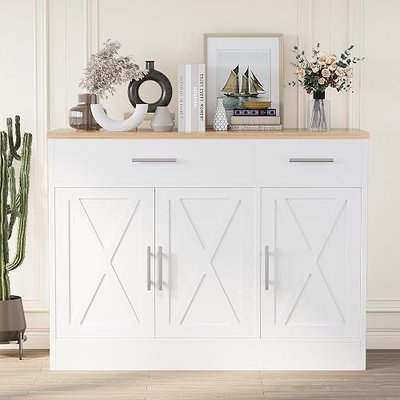 Shintenchi Modern Farmhouse Sideboard Buffet Cabinet with Storage with 3 Doors,42" Barn Doors Buffet Cabinet with Storage, Wood Coffee Bar Cabinets with Adjustable Shelf for Kitchen Living Room,White