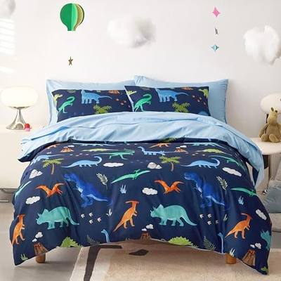 Wake In Cloud - Dinosaur Bedding Set for Boys, Cute Colorful Dinosaur Dino, Soft Lightweight Comforter Set with Sheets, 5 Pieces Kids Bed in a Bag, Navy Blue, Twin Size