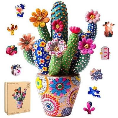 Mys Aurora Puzzles for Adults Cactus Flower Wooden Puzzles, 200 Pieces | Unique Shaped Jigsaw Puzzles, FSC Certified Beautiful Birthday Gifts for Kids Friends, Fun Family Game 10''x 14''