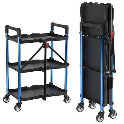 WORKPRO 3-Tier Collapsible Service Cart, Black/Blue, 210 LBS Foldable Utility Cart with Wheels, Portable Rolling Tool Cart for Garage, Warehouse, Home, Restaurant and Office (No Assembly Required)