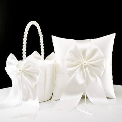 Flower Girl Baskets and Ring Bearer Pillow Set, Ivory Basket and Pillow | Pearl Handle, Flower Girls Basket for Wedding, Ring Pillow