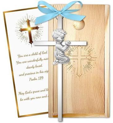 Baptism Gifts for Boys & Girls,First Communion Gifts for Kids,Christening Baby Shower Party 6in Praying Cross (1pc Silver Boy with Wooden Box)